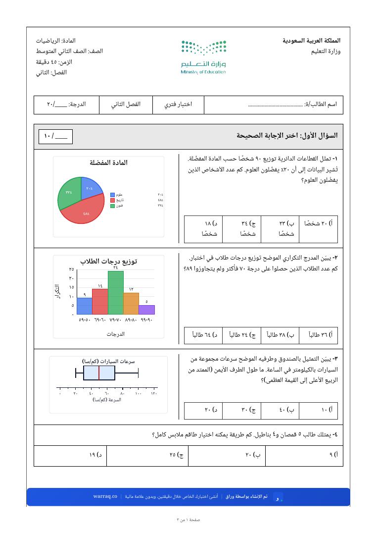 الصفحة الأولى من نموذج اختبار الرياضيات — قطاعات دائرية، ومدرّج تكراري، وتمثيل بالصندوق وطرفيه